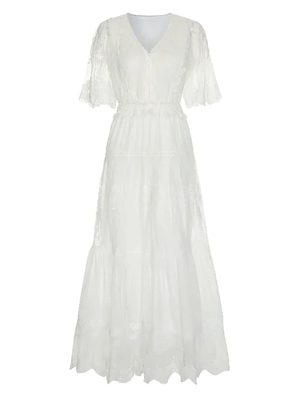 White 1940s Flare Sleeve Lace Dress