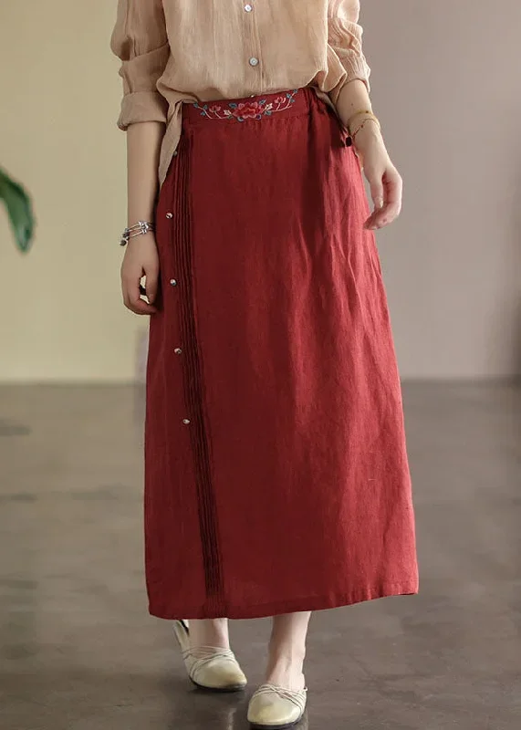 women-red-wrinkled-embroideried-patchwork-cotton-skirts-summer