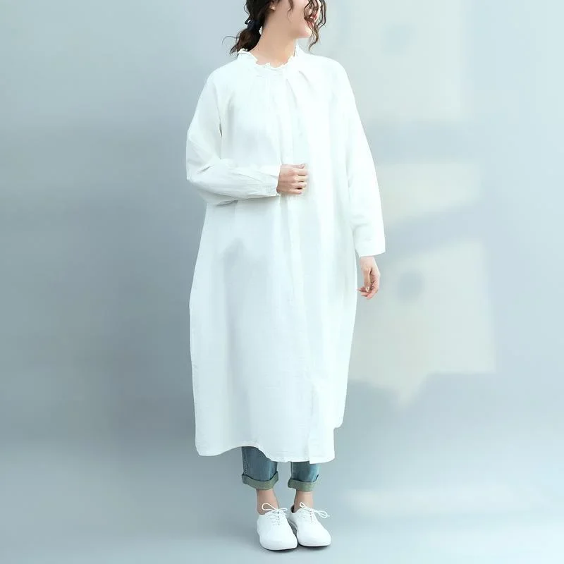 Women stand collar Ruffles linen cotton Robes Korea Inspiration white Plus Size Clothing Dress spring