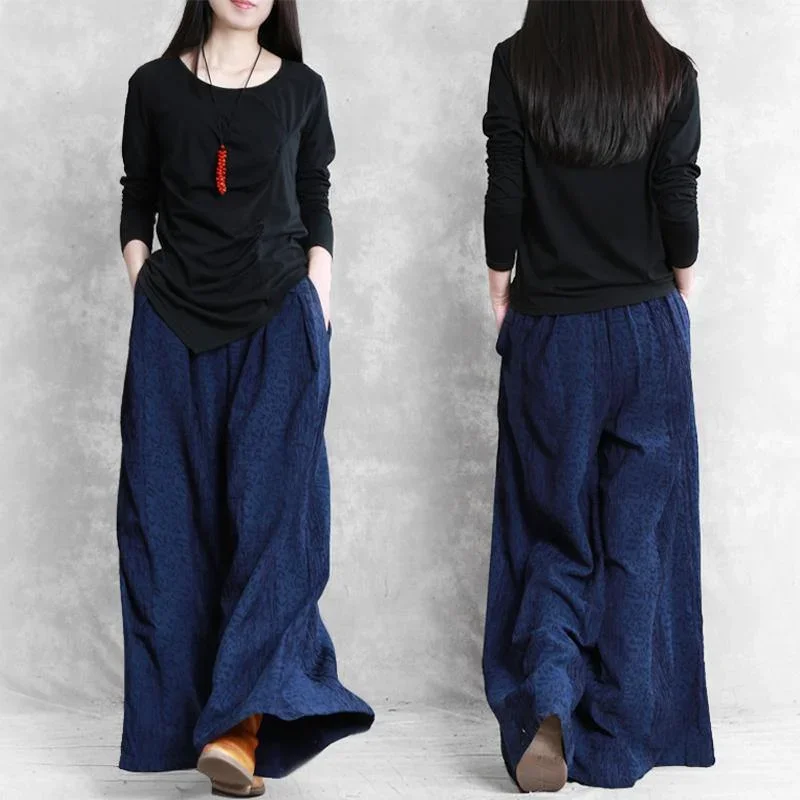 Women's cotton and linen loose casual pants dark blue jacquard wild mouth wide leg pants