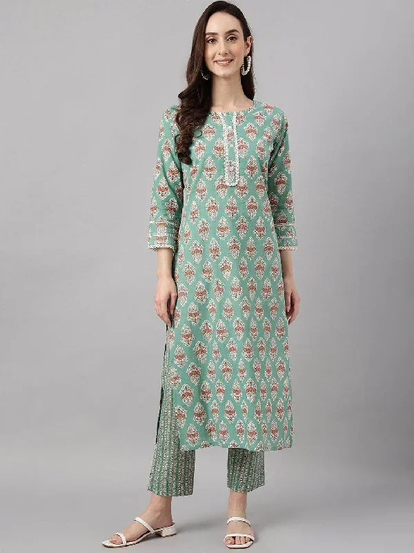 Women's Mint Green Cotton Floral Print Kurta with Pant